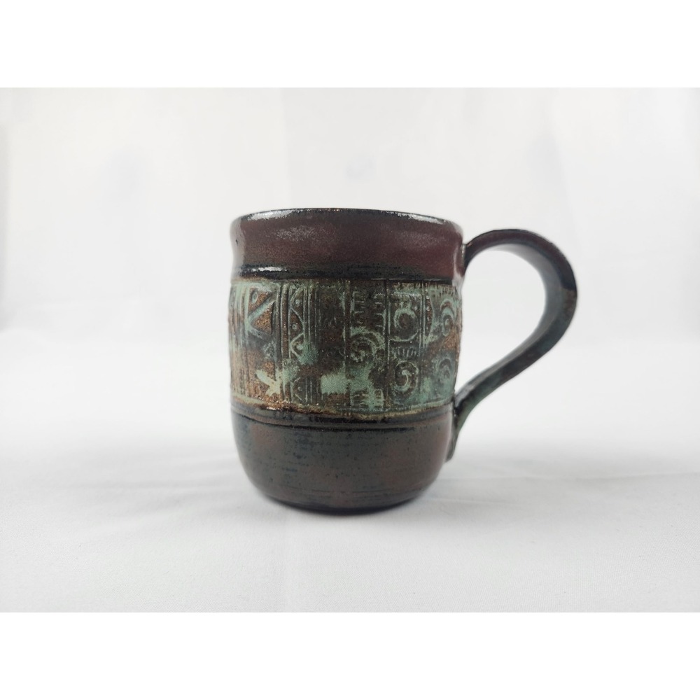Beth M Signed‎ Studio Pottery Mug Textured Green Geometric Stoneware Coffee Cup
